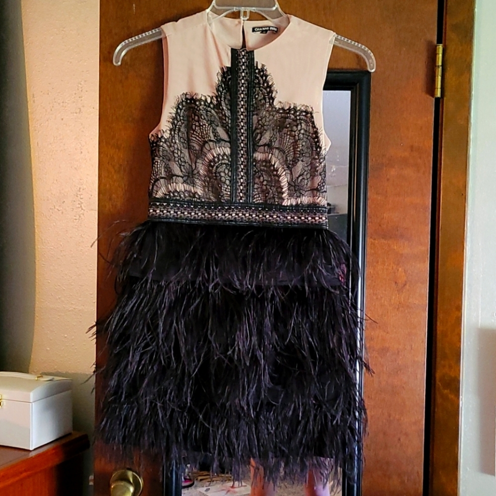 Gianni Bini black and tan 20s feathered dress